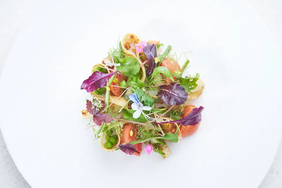 Overhead view of a fine dining plate with mixed greens, peas, cherry tomatoes, edible blue and pink flowers, and herb fronds on white porcelain.