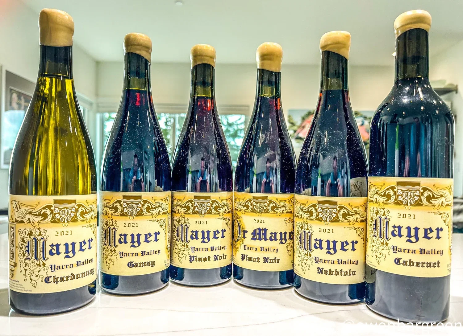 Six bottles of 2021 Mayer Yarra Valley wines arranged in a row, featuring Chardonnay, Gamay, Pinot Noir, and Cabernet varieties with golden labels