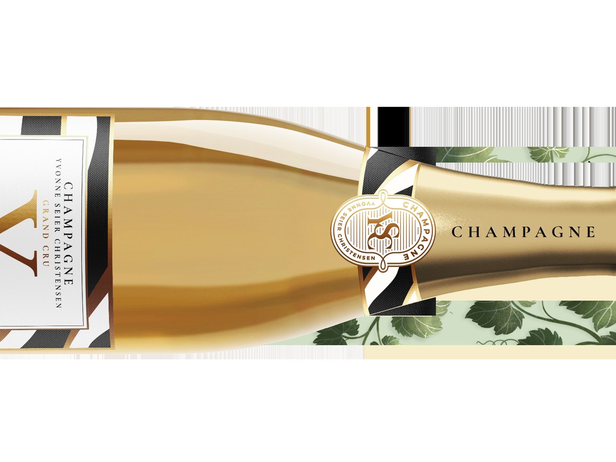 A champagne bottle from Maison Les Cinq Filles, showing the Cuvée Les Chapelles label with 'CHAMPAGNE' and 'YVONNE SEIER CHRISTENSEN' visible.