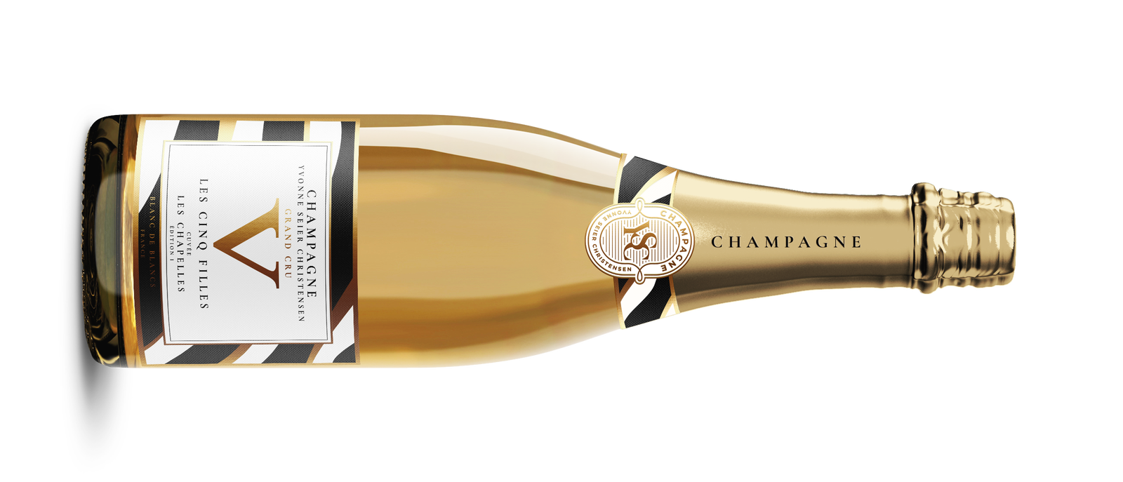 Yvonne Seier Christensen's LES CINQ FILLES champagne, a testament to her journey from banking to bottles.