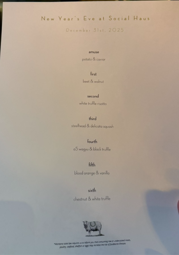 New Year’s Eve 2025 menu at Social Haus featuring six courses: potato & caviar, beet & walnut, truffle risotto, and more.
