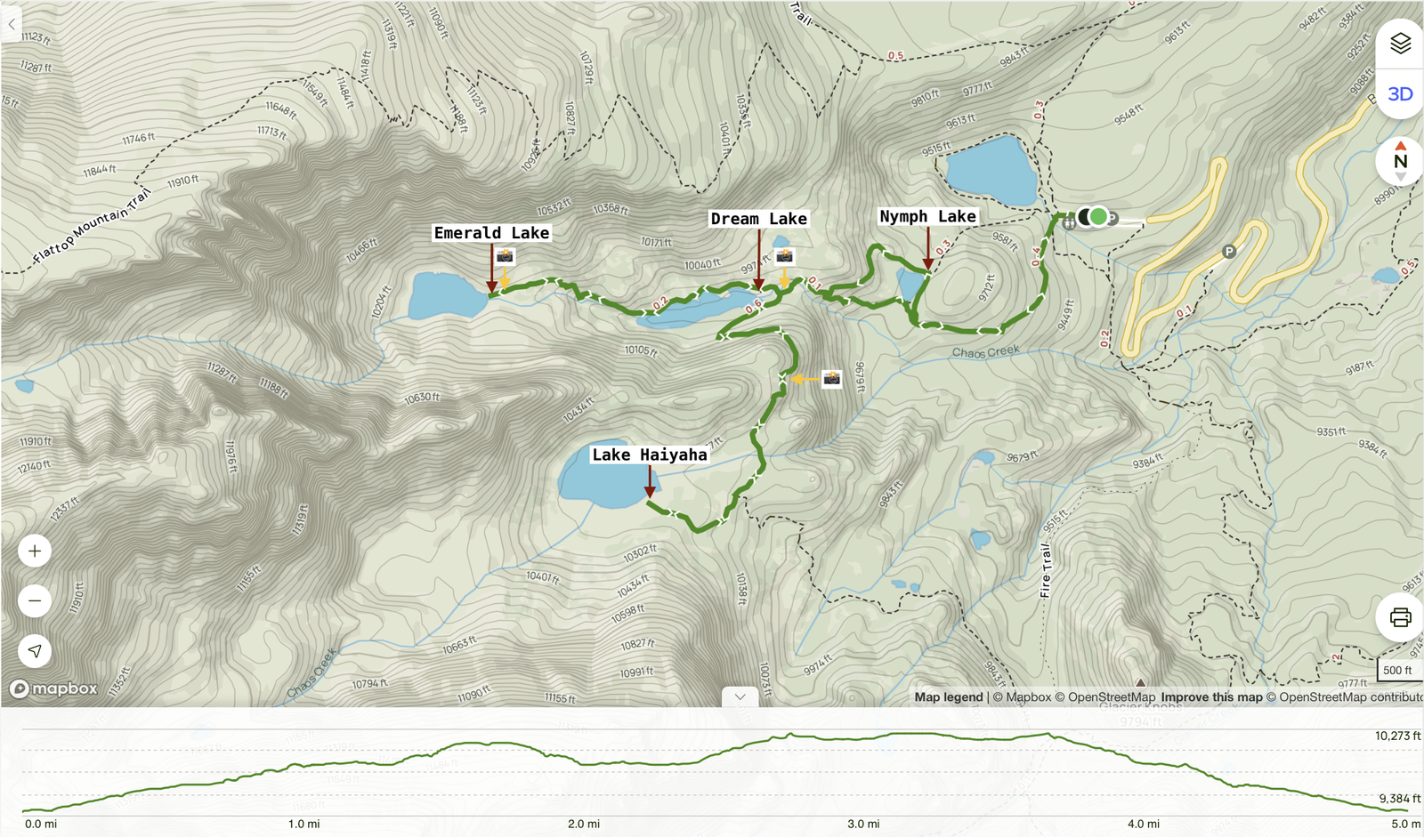 a map showing the alpine lakes hike in Rocky Mountain National Park