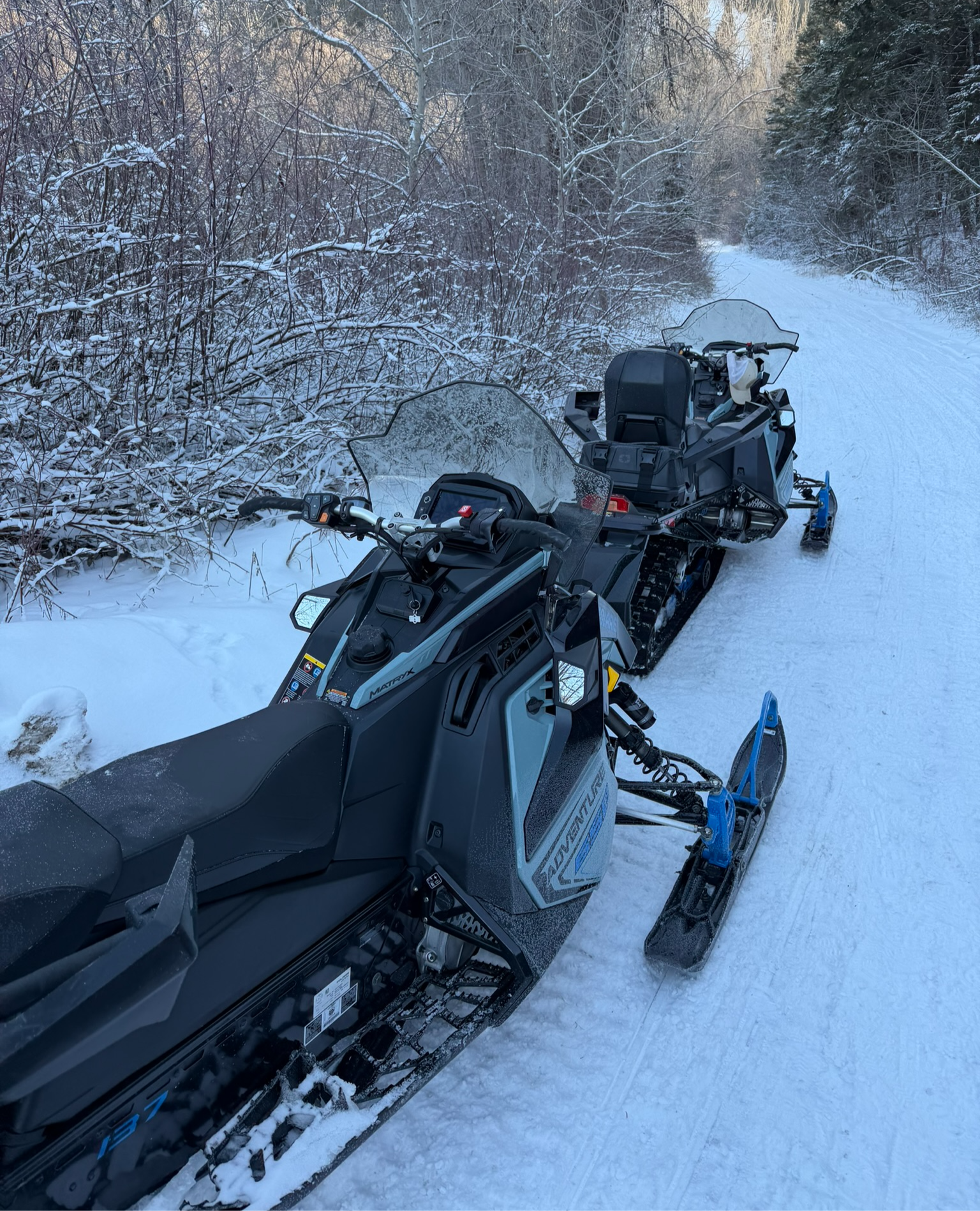 Two snowmobiles parked on a snowy trail in a forest with leafless trees. The snowmobiles are black and blue, creating a calm winter scene.