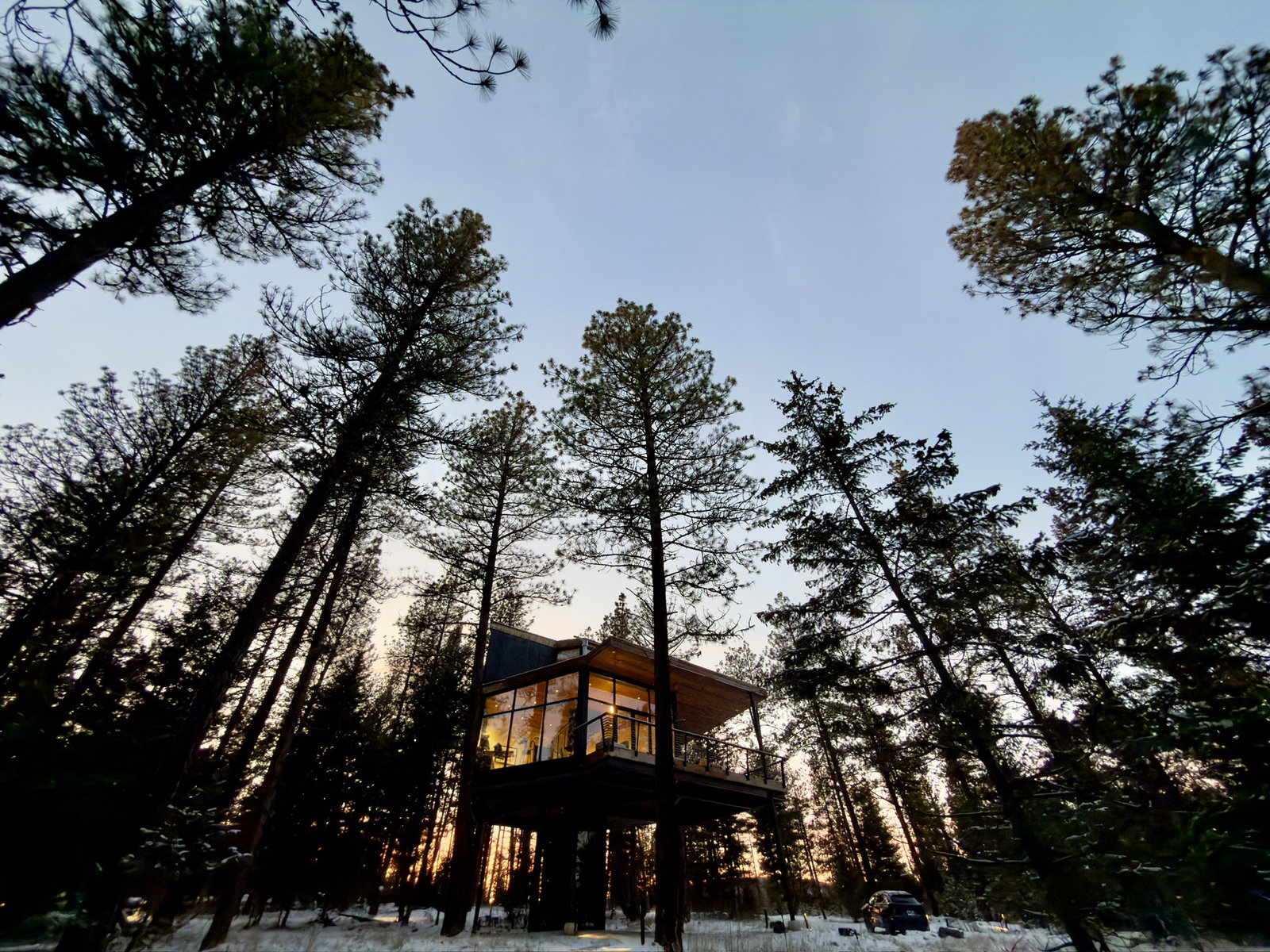 A glass cabin elevated among tall pine trees, glowing warmly at dusk. Snow covers the ground, creating a serene and peaceful atmosphere.