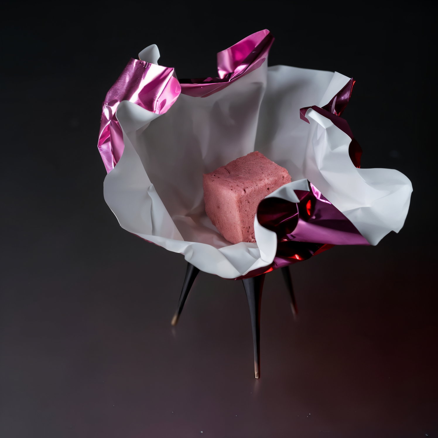 Pink cube on matte pink and white foil in a dark setting, atop a black tripod stand. The mood is modern and minimalist.