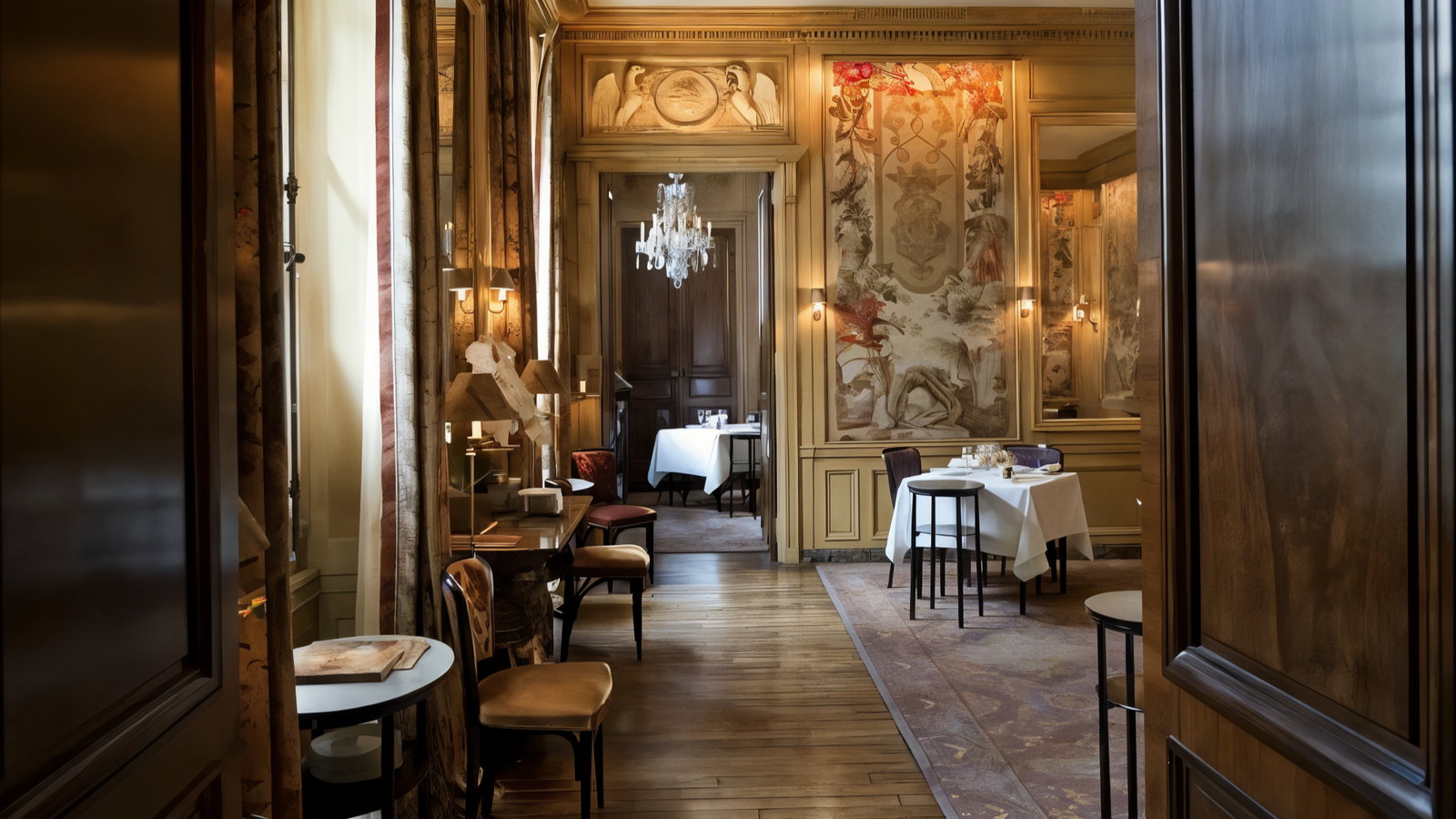 Elegant dining room with ornate wall murals and a chandelier. Empty tables with white cloths. Warm lighting and wooden floors create a cozy ambiance.