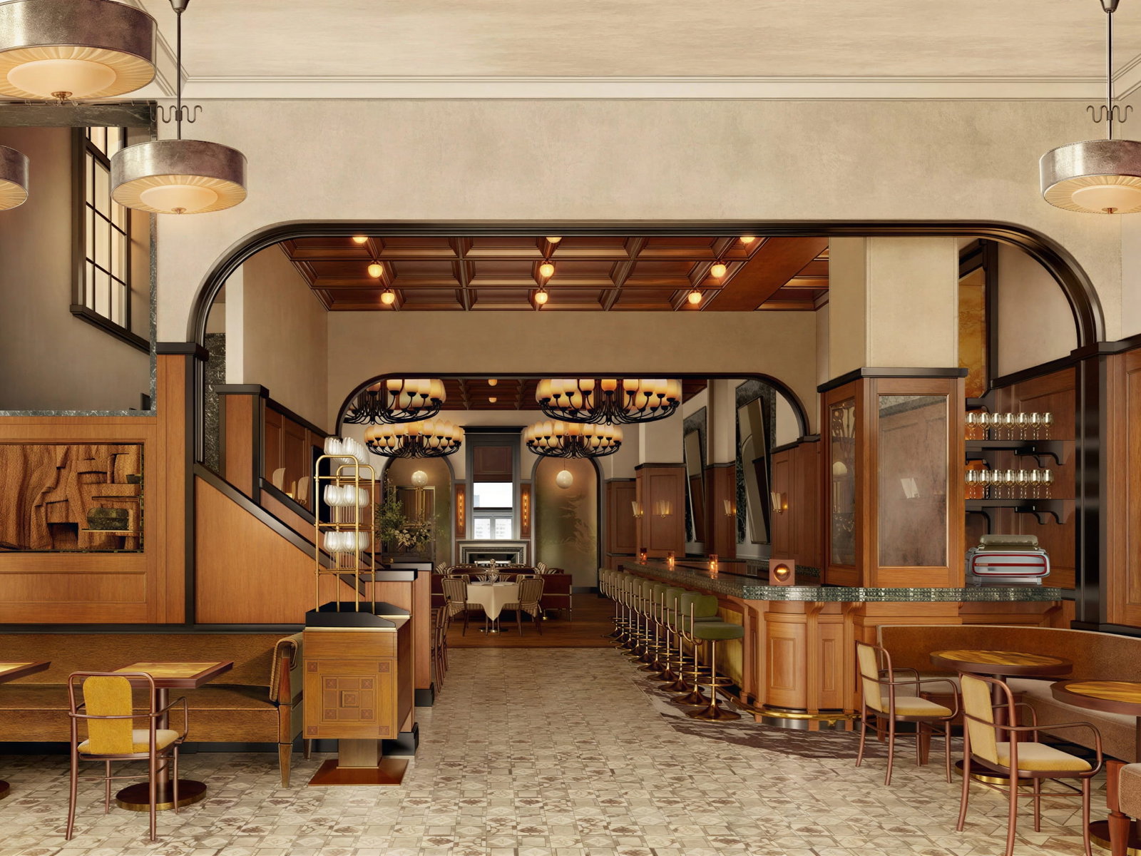 The Bar and Dining Room at Locanda Verde Hudson Yards with wood paneling, warm lighting, yellow chairs, marble floor, and arched ceiling. Cozy and inviting atmosphere.
