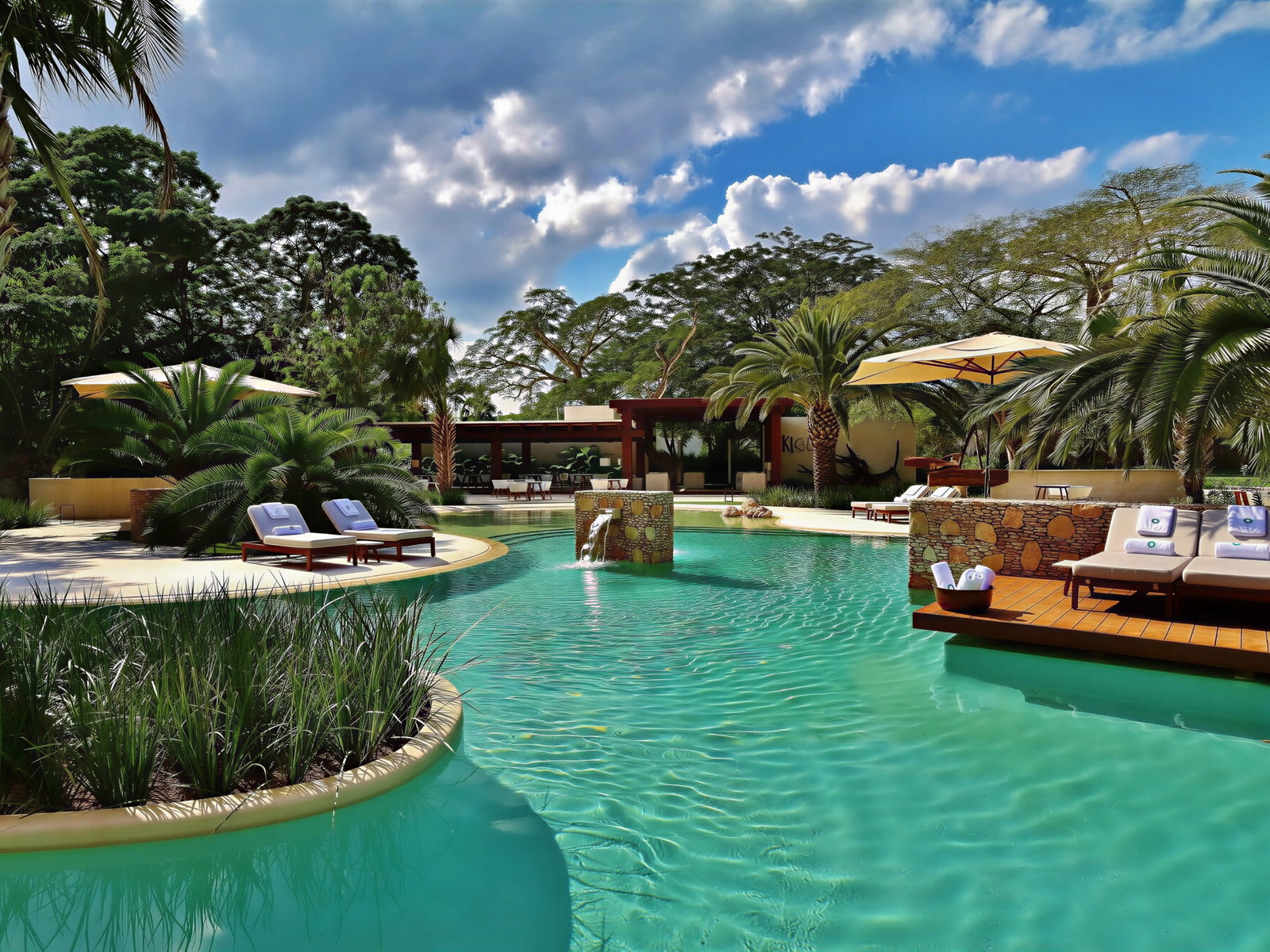 Luxurious pool with lounge chairs and umbrellas set in a lush garden. Clear turquoise water, palm trees, and a partly cloudy sky.