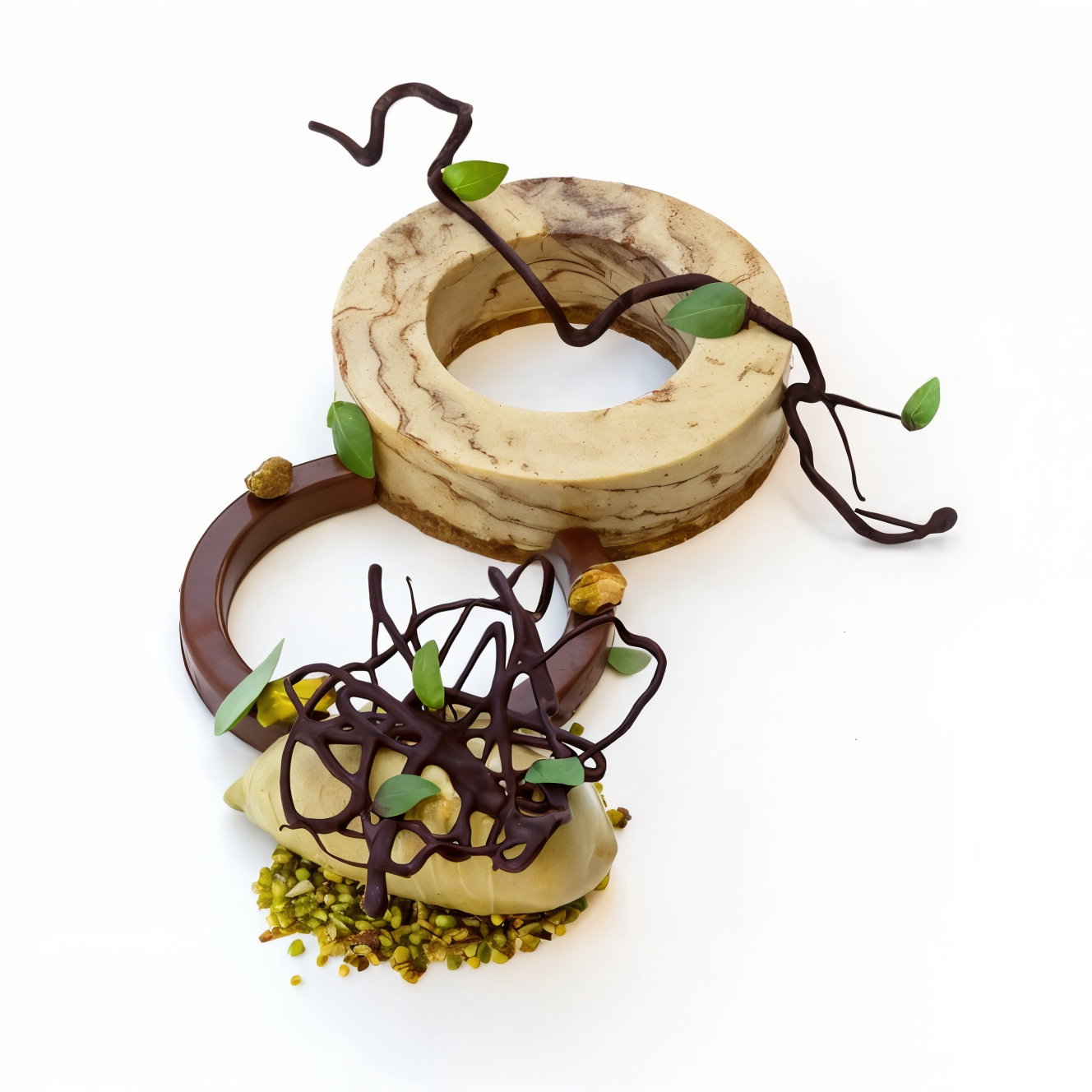 Elegant dessert with a round cake, chocolate drizzles, and green leaves on a white backdrop. Chocolate ring and pistachios enhance design.