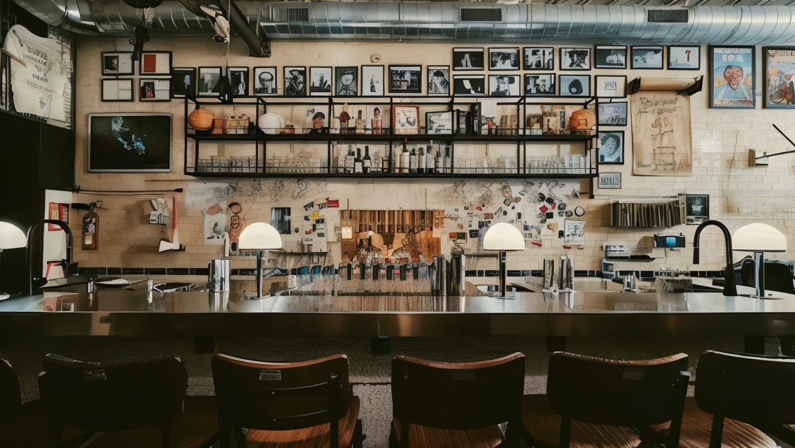 Empty bar with modern decor, featuring a stainless steel counter, artwork and photos on the wall, and warm ambient lighting.