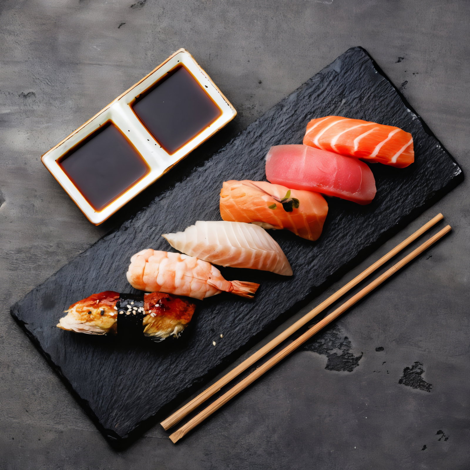 Sushi assortment on a black slate with chopsticks and soy sauce. Includes salmon, tuna, and shrimp. Minimalistic gray background.