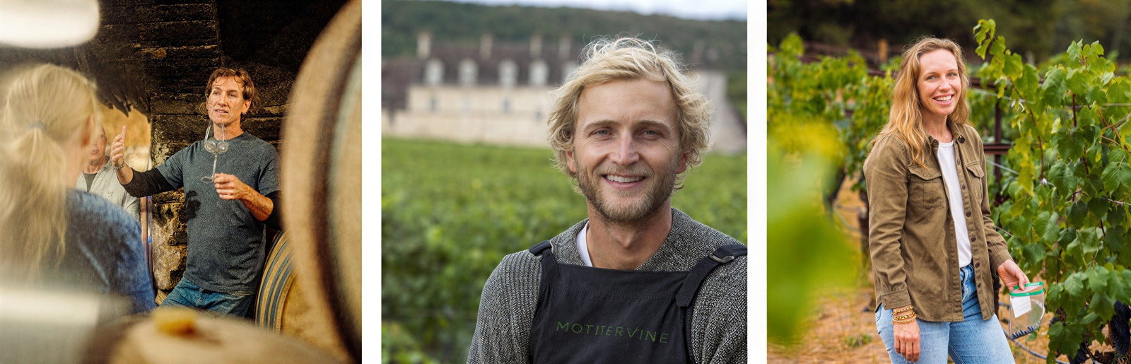 Man (brian sieve of racines) speaks in wine cellar; a smiling man (Edouard Labet of chateau de la tour) in vineyard; woman  (diana snowden seusses of snowden vineyards) in vineyard with leaves, holding a baggie. Rustic and lush settings.