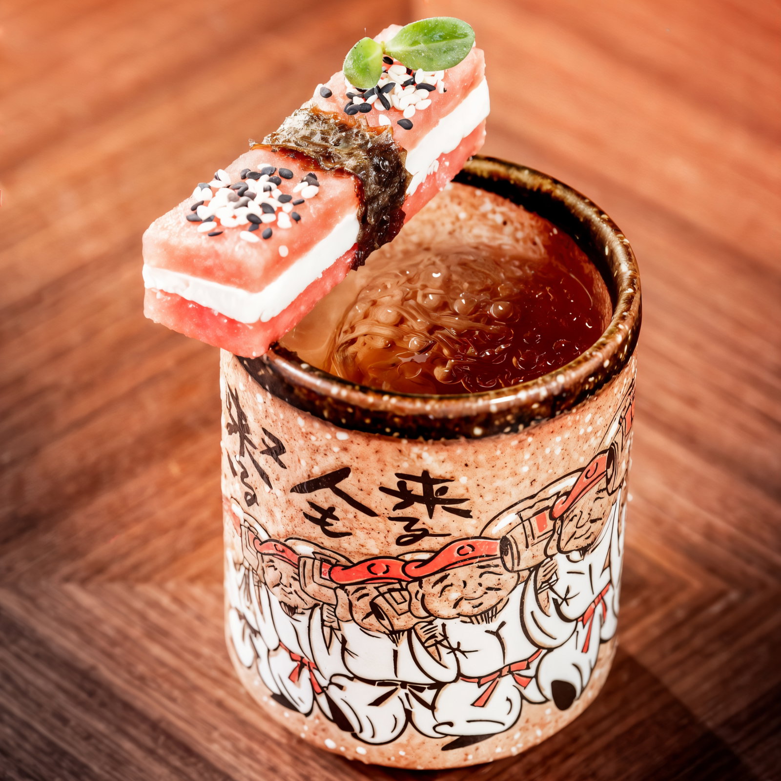 Ceramic cup with Asian characters and cartoon figures, topped with a layered, sesame-seed garnish, on a wooden surface.