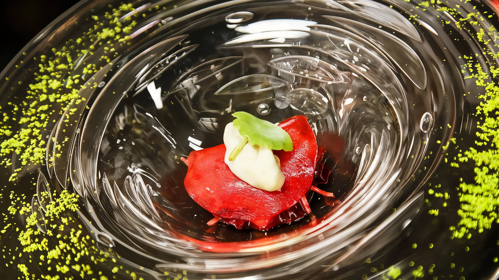 Elegant dish with red ravioli, white sauce, and green garnish in a clear glass bowl, sprinkled with green bits, creating a vibrant contrast.