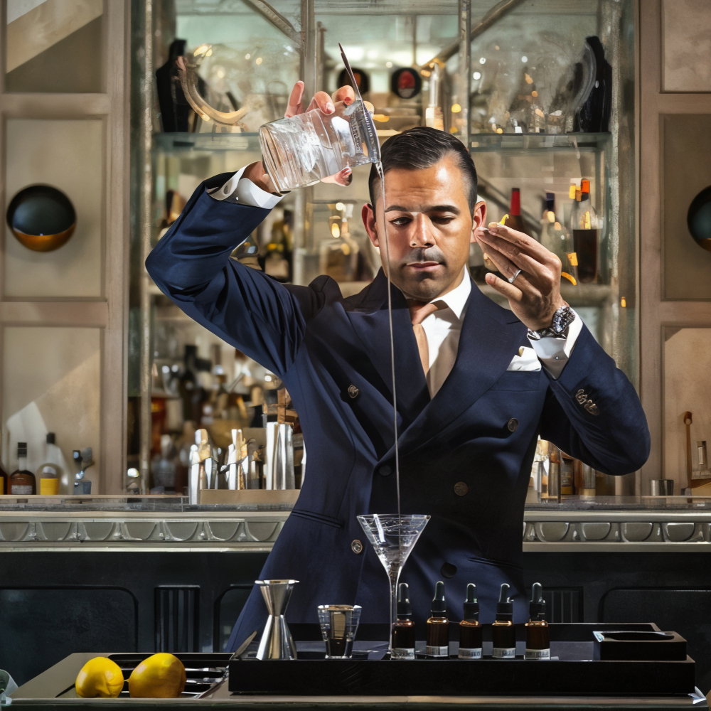 Bartender in a suit pours liquid from a high position into a martini glass in a stylish bar setting. Lemons and bottles are visible.