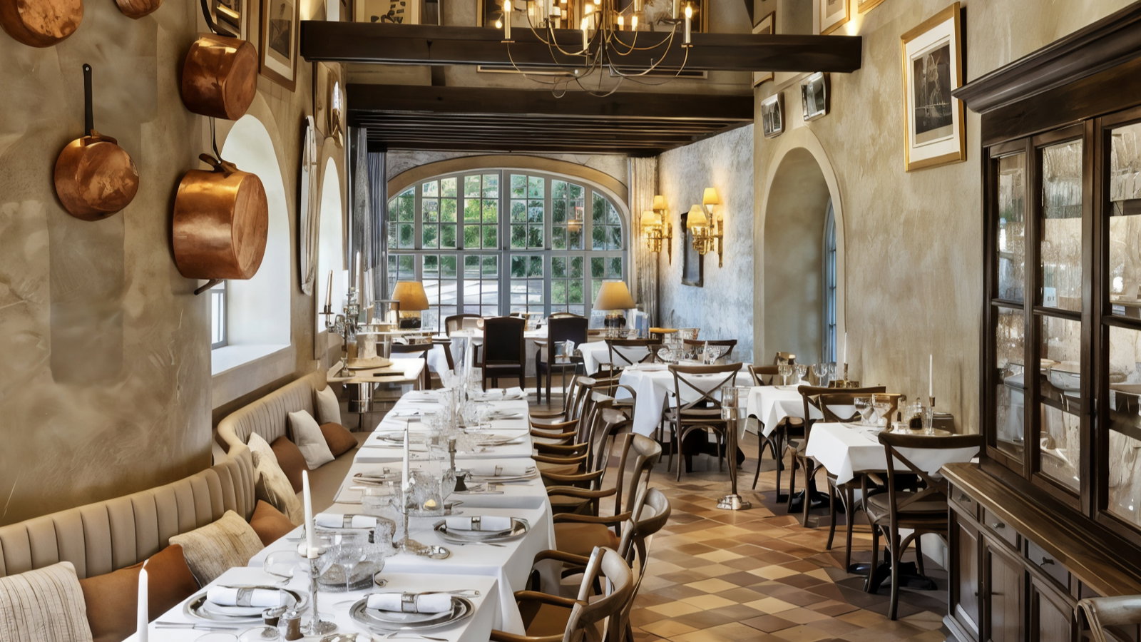 Elegant restaurant with white-tablecloths, wooden chairs, and chandeliers. Copper pots on walls, large arched window, warm lighting.