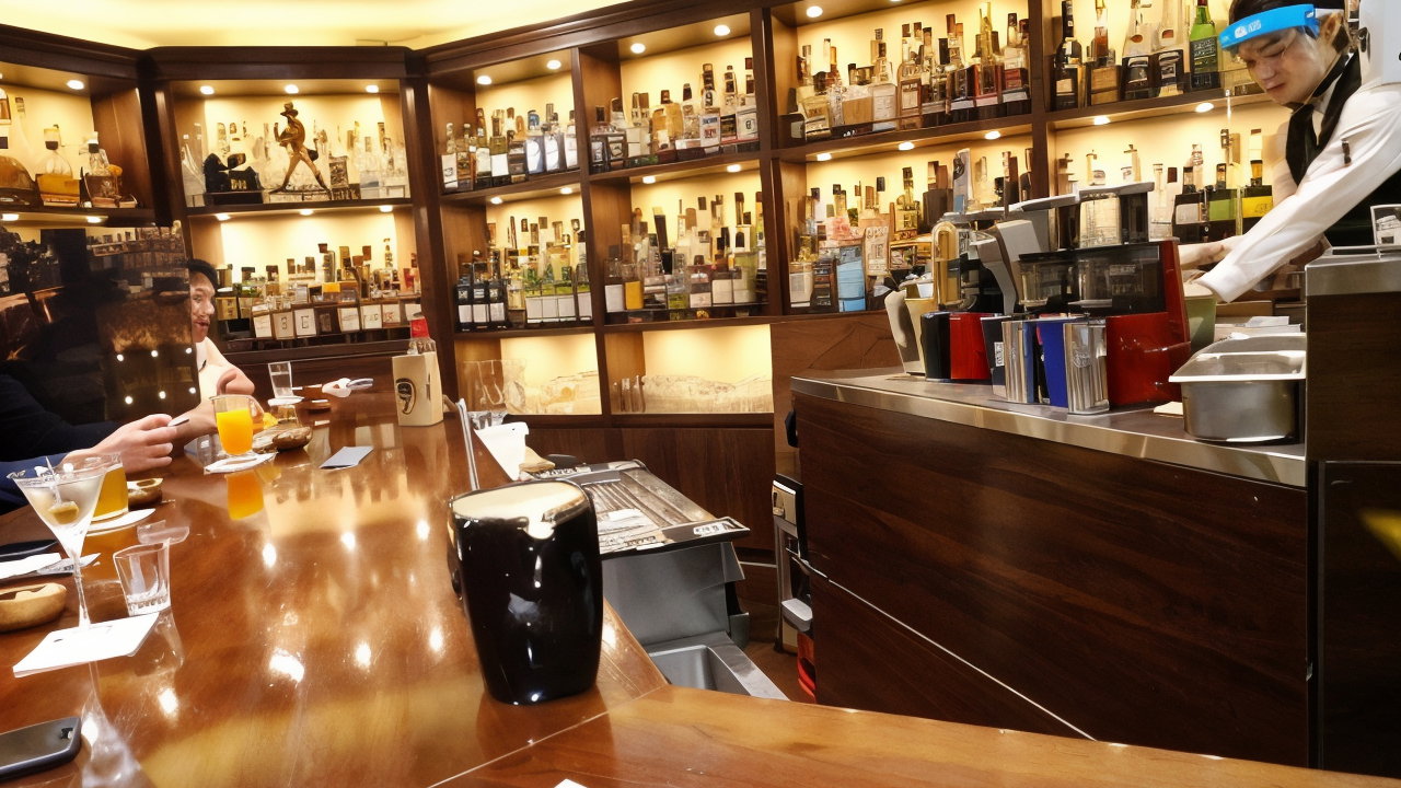 Bar with shelves of liquor bottles. Bartender prepares drinks, patrons sit at a wooden counter with cocktails. Warm lighting.