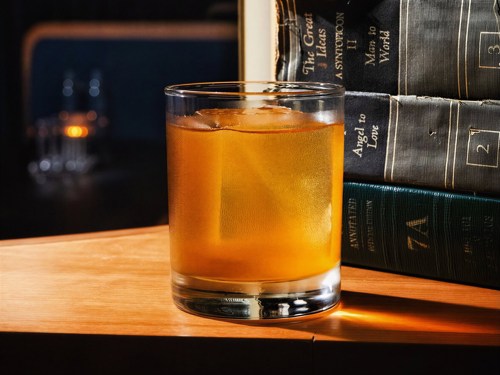 A glass of orange drink with ice sits on a wooden surface beside stacked books. Warm lighting creates a cozy ambiance.