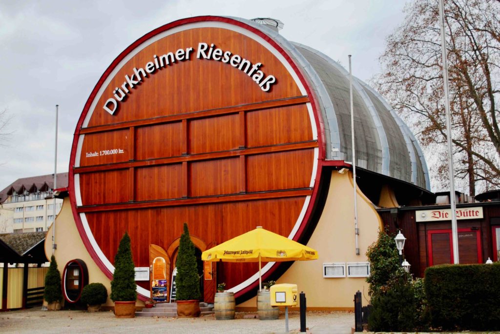 A giant barrel shaped building and entrance at Dürkheimer Wurstmarkt