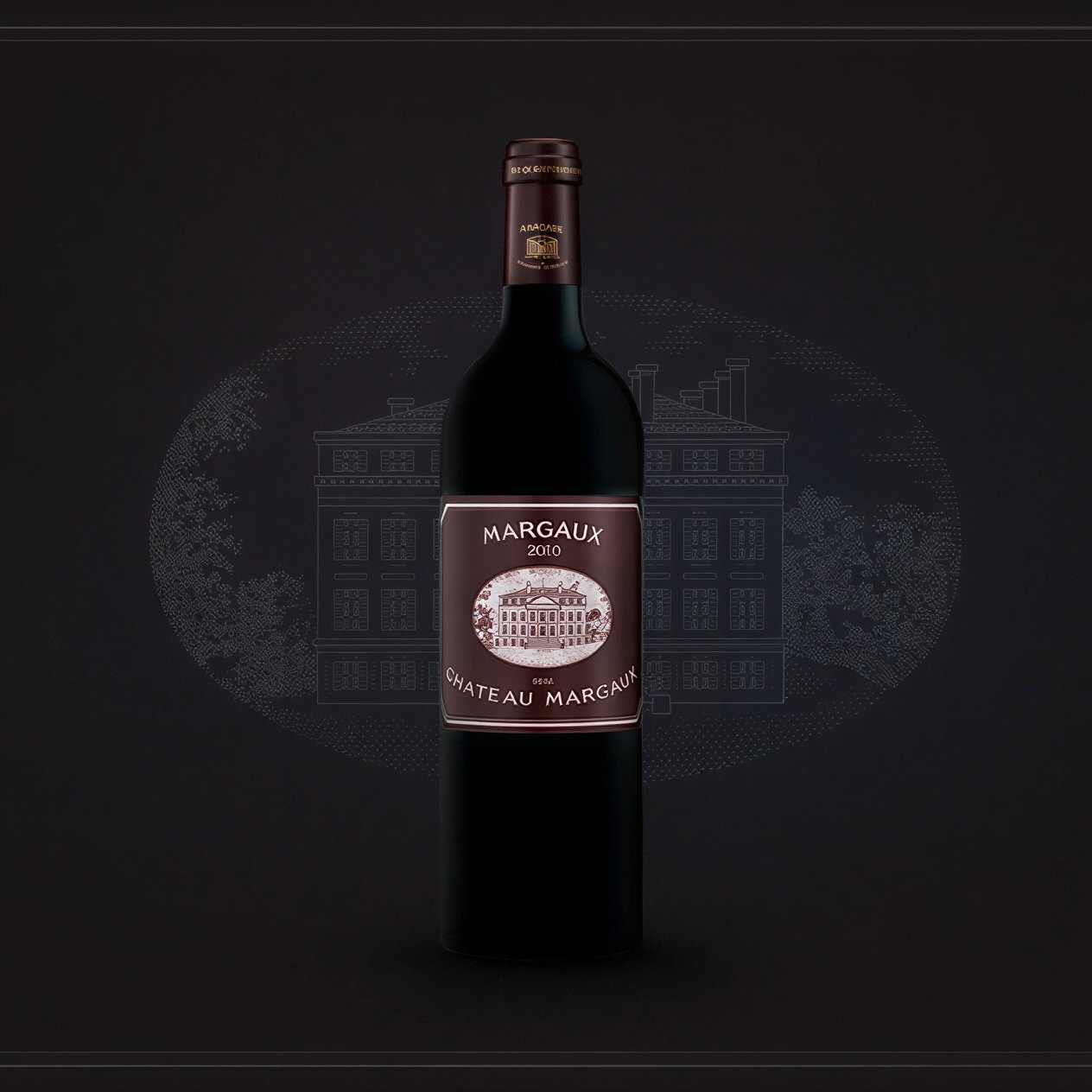 A bottle of Château Margaux 2010 wine with a detailed label sits against a dark backdrop featuring an outline of a building.