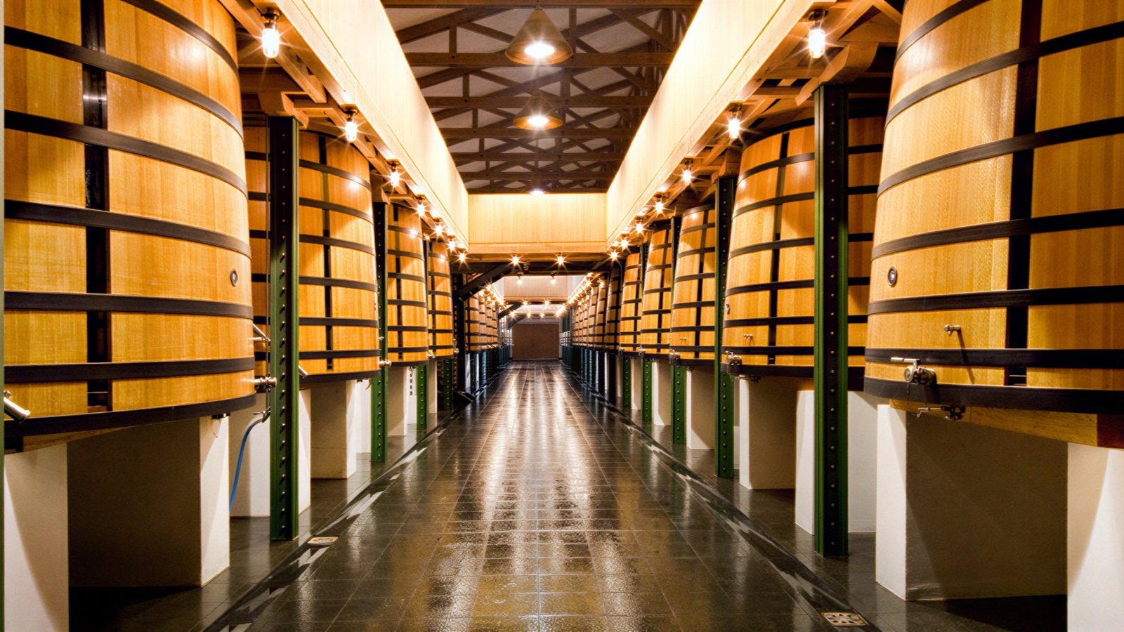 Wooden barrels line a well-lit winery hallway with a high ceiling. The reflective floor and warm lighting create an inviting atmosphere.