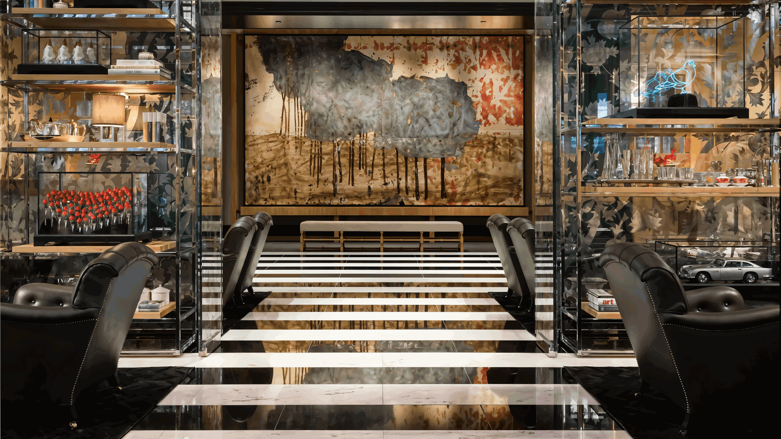 Luxurious lounge with black leather chairs, striped floor, artistic wall mural, glass shelves, and decor. Neon pigeon and car model displayed.