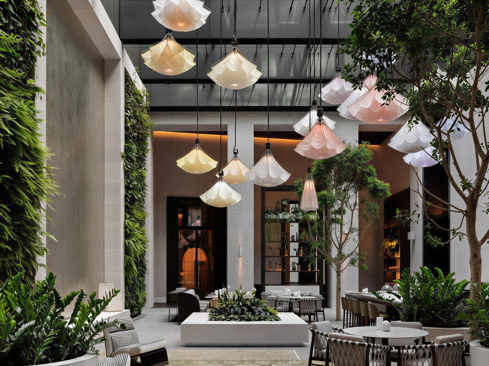 Lush restaurant patio with elegant hanging lamps, greenery on walls, and modern tables. Cozy, serene ambiance highlighted by warm lighting.