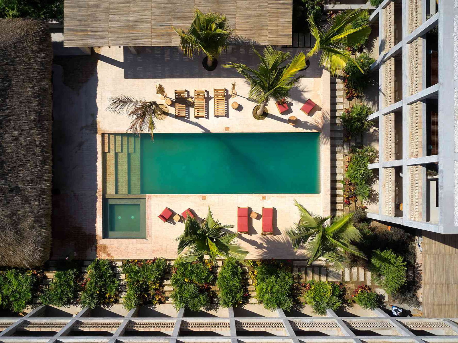 Aerial view of pool at Hotel Humano surrounded by palm trees, loungers, and umbrellas. Red towels add contrast. Sunny, relaxed setting.