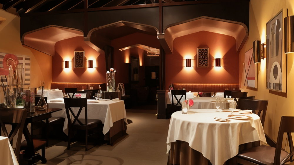 Elegantly set restaurant with round tables, white tablecloths, dim lighting, modern art on walls, and a warm, inviting ambiance.