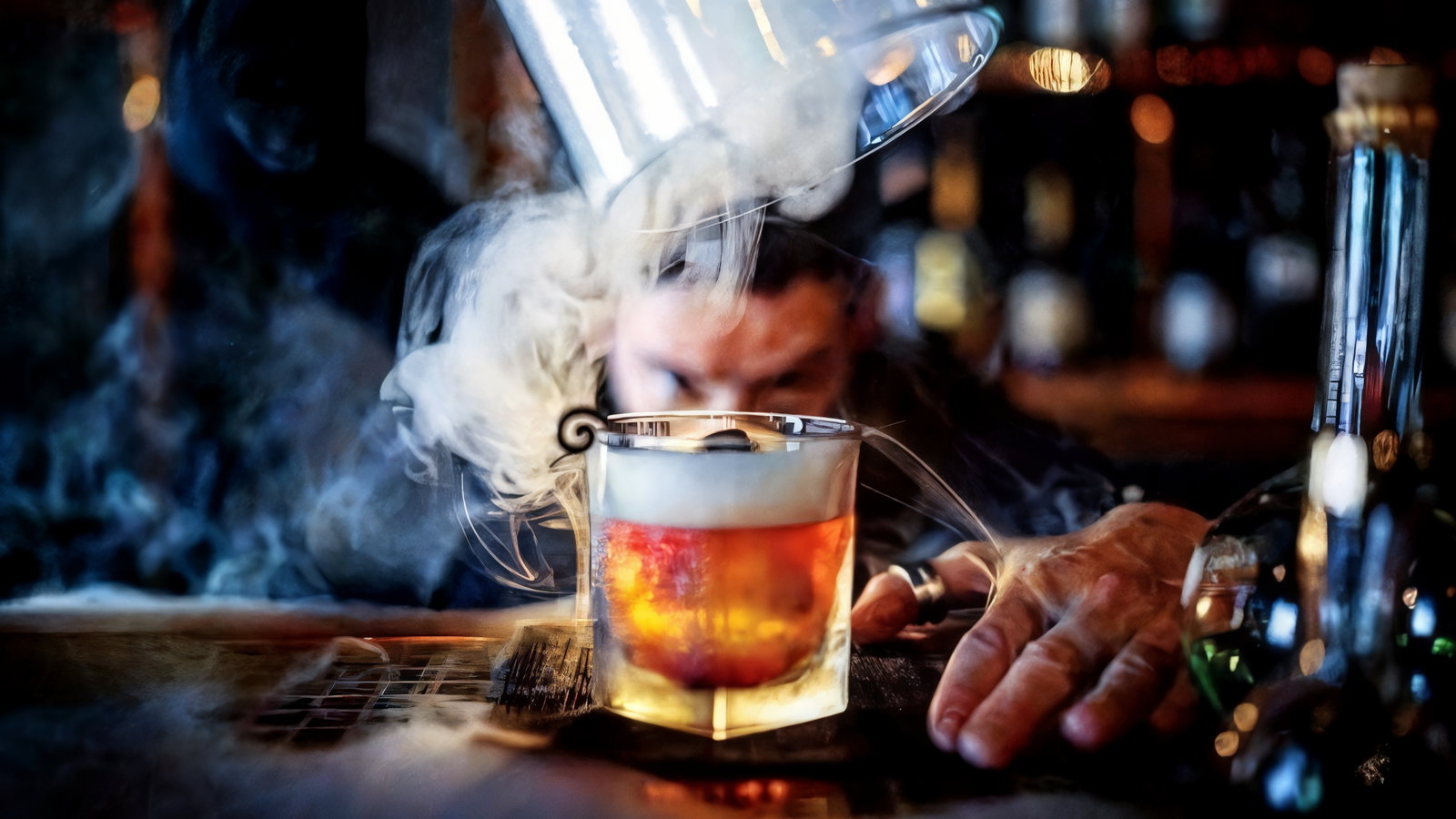 Bartender pours smoke over a cocktail at a dimly lit bar. Orange drink with foam sits on a wooden counter, creating a mysterious vibe.