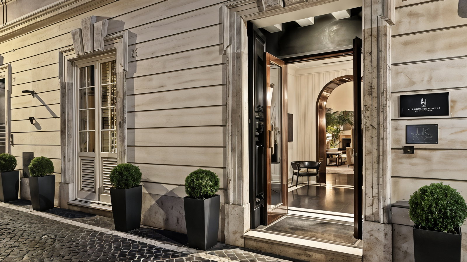 Elegant building entrance at night with two open doors, potted plants, and visible interior decor. White walls, arched doorway, and soft lighting.