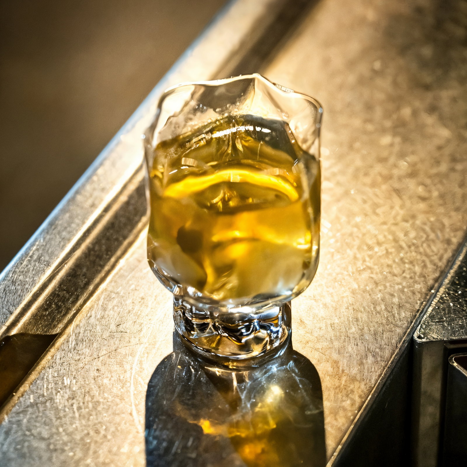 A glass of amber liquid, likely whiskey, placed on a metallic surface. The setting is dimly lit, highlighting the glass’s intricate design.