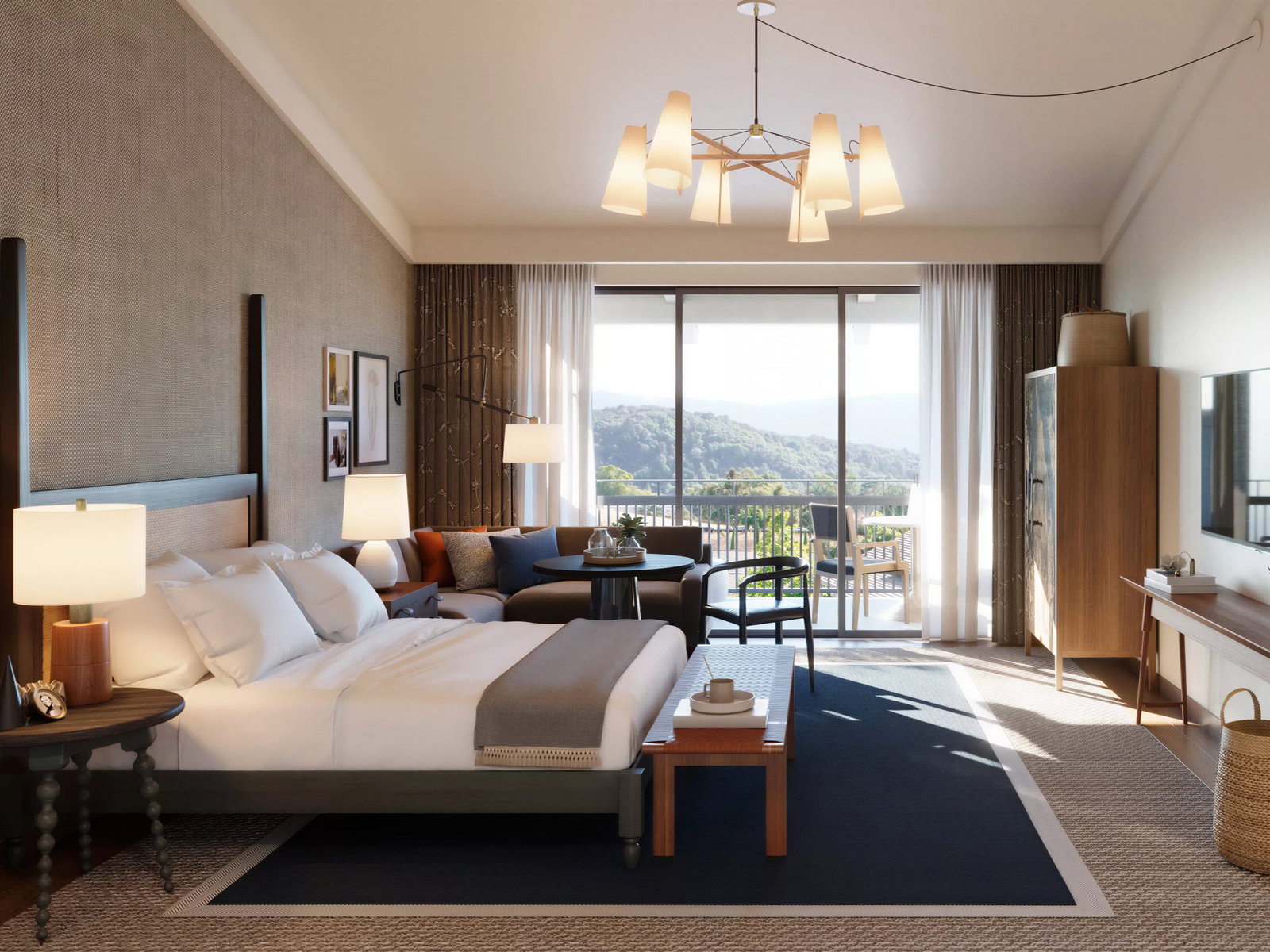 Modern hotel room with a king bed, cozy seating area, and floor-to-ceiling windows opening to a mountain view. Neutral tones create a serene mood.