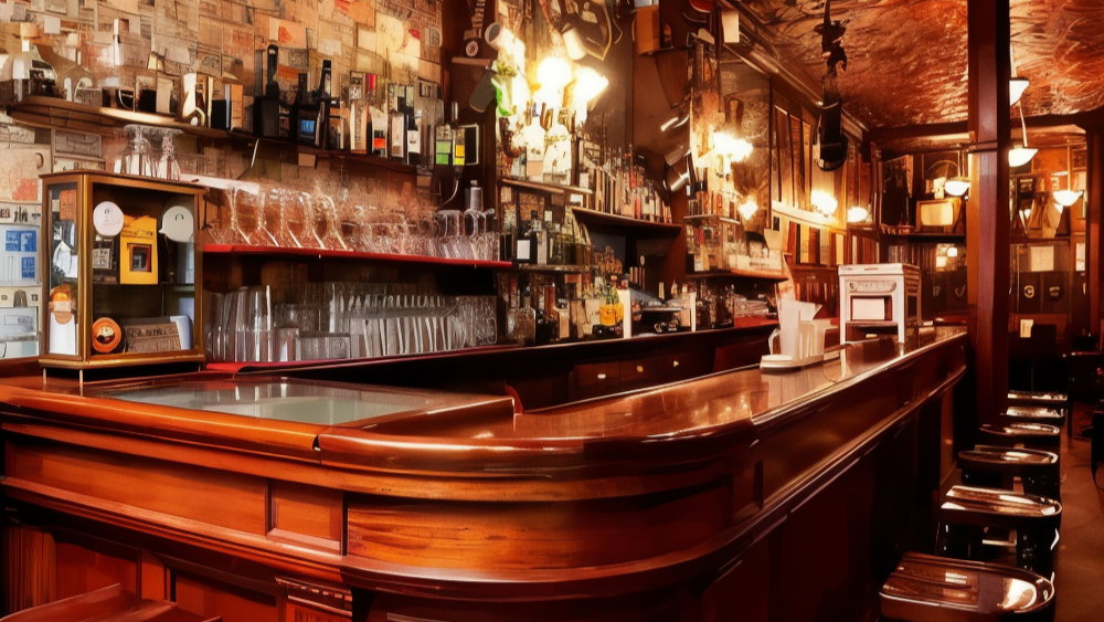 Cozy bar interior with wooden counters, vintage decor, glassware, and bottles. Warm lighting creates an inviting atmosphere. No people present.
