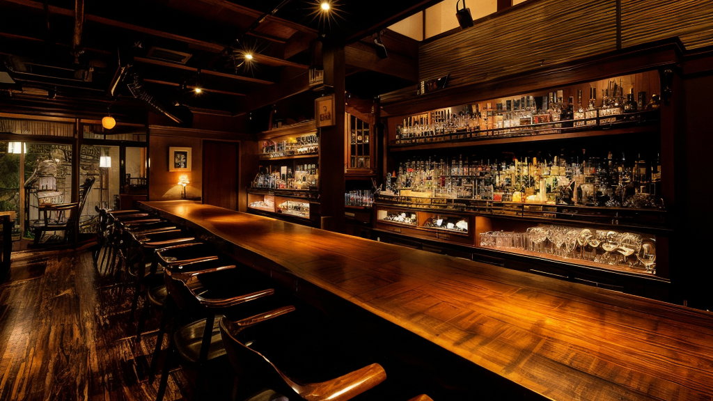 Dimly lit bar with a long wooden counter, empty chairs, and shelves filled with bottles and glassware. Warm, cozy ambiance.