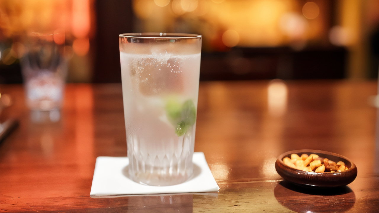 A frosty drink with mint on a white napkin sits on a wooden bar. A bowl of snacks is nearby. Warm, blurred lights in the background.