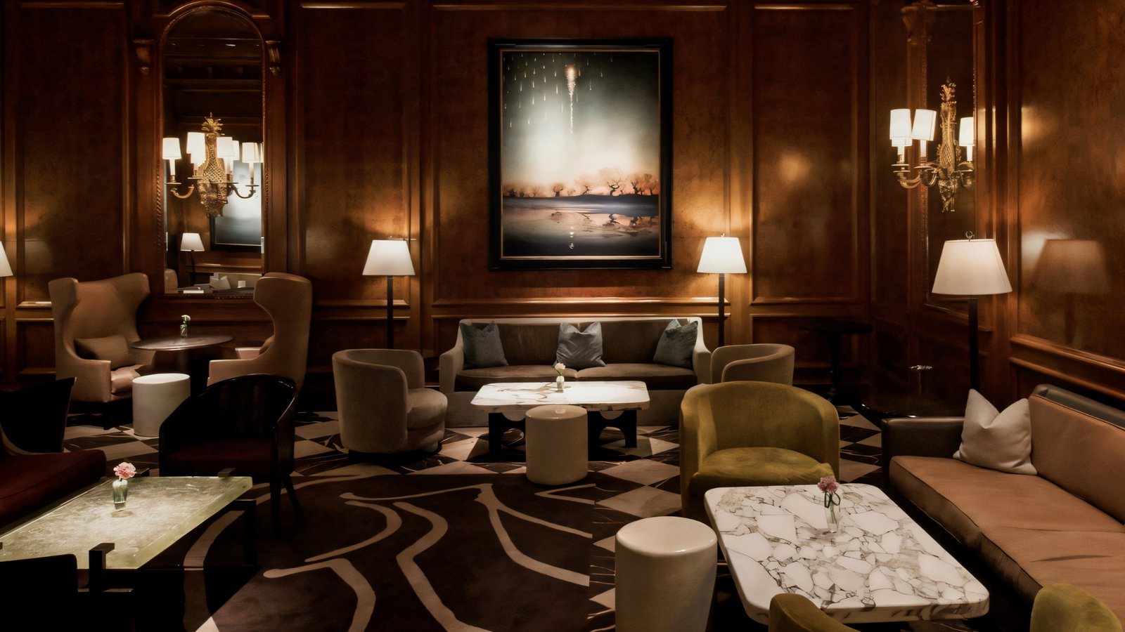 Sophisticated lounge with art deco furniture, warm brown wood panels, and soft lighting. Large landscape painting on the wall sets a calm mood.