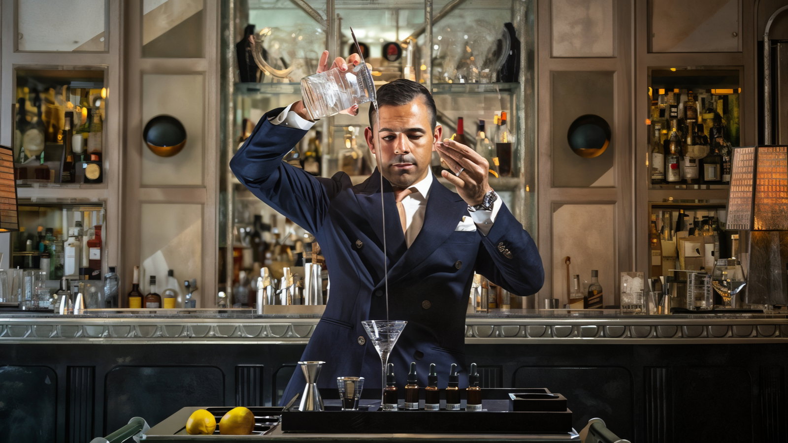 Bartender in a dark suit pours a drink from a shaker into a martini glass. Bar background with bottles and lemons on the counter.