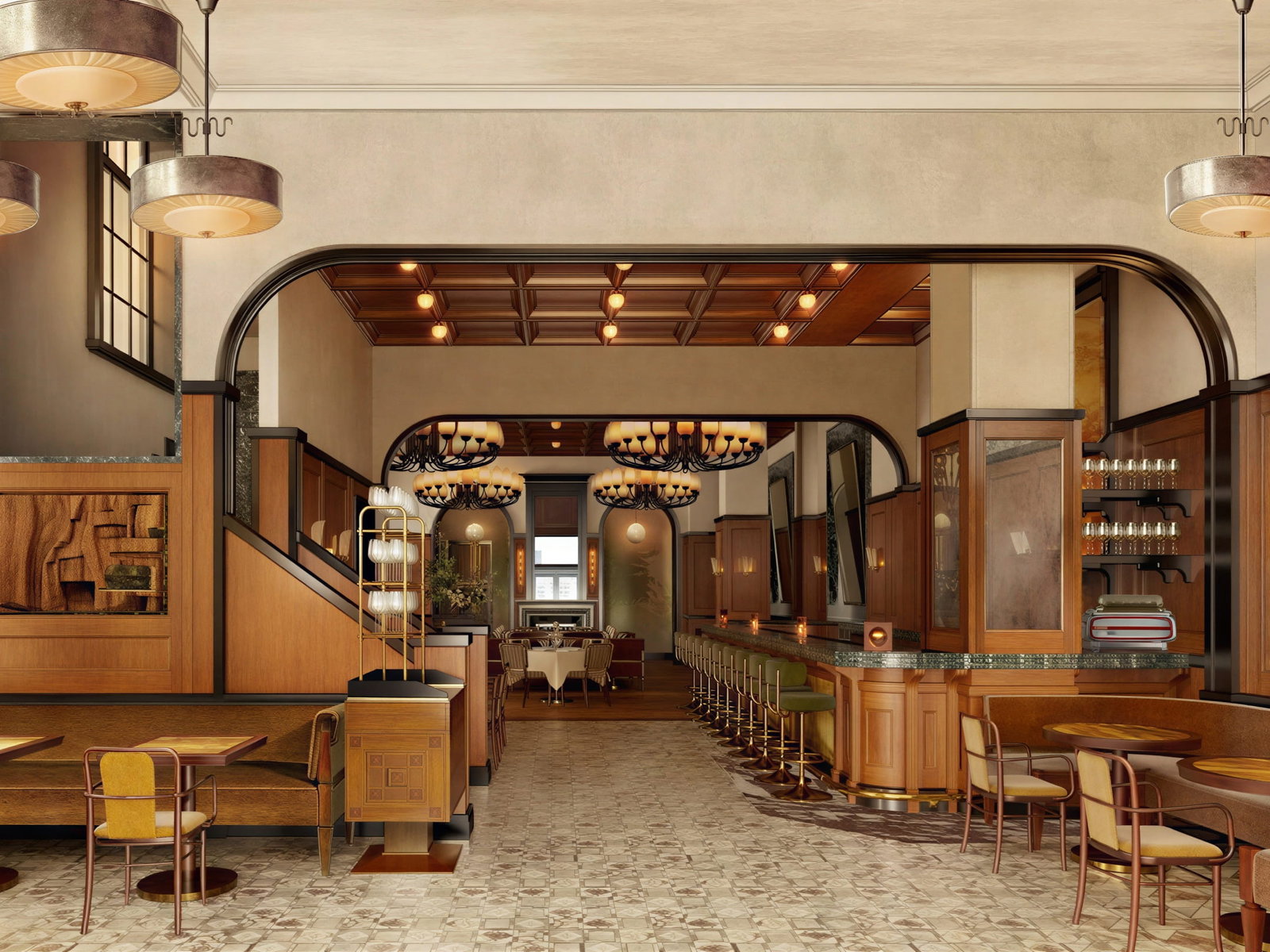 Art Deco-style bar and dining room at Locande Verde Hudson Yards with wooden interior, empty tables and chairs, vintage chandeliers, and a bar with green stools. Warm, inviting atmosphere.