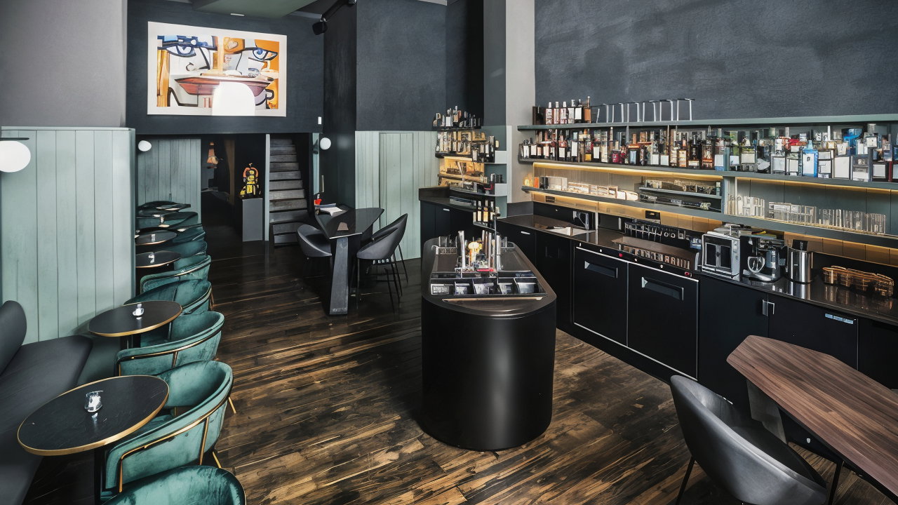 Modern bar with sleek black counters, stocked shelves, and green velvet chairs. Artwork on the wall and dark wood floors add elegance.