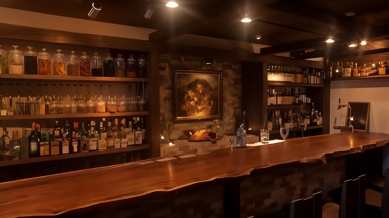 Warm, cozy bar with wooden counter, assorted bottles and jars on shelves, soft lighting, and a framed painting. Calm, inviting atmosphere.