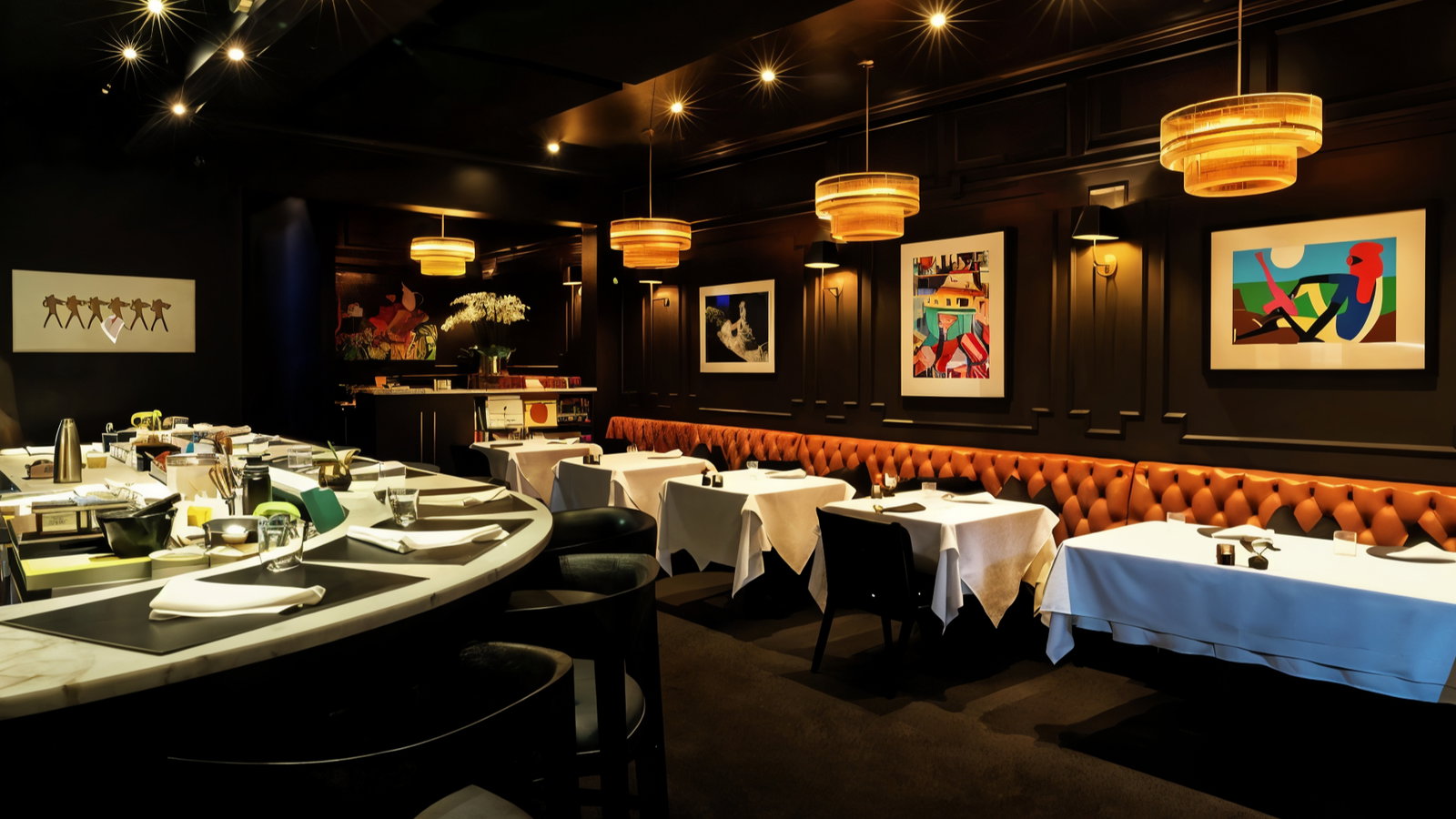 Elegant restaurant interior with white tablecloths, orange padded seating, colorful art on dark walls, and soft lighting creating a cozy ambiance.