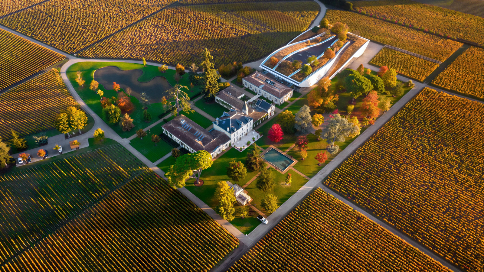 Aerial view of Château Cheval Blanc vineyard estate with a central mansion, green lawns, autumn trees, and surrounding grape fields. Warm, sunny ambiance.