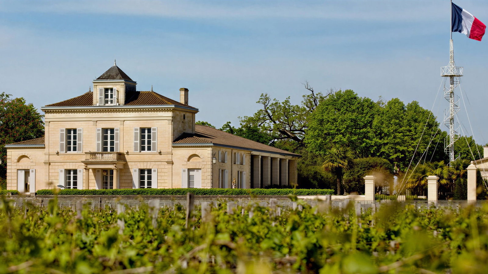 Château Montrose estate surrounded by lush vineyards, set against a clear blue sky. A French flag flies on a tall mast, evoking elegance and calm.