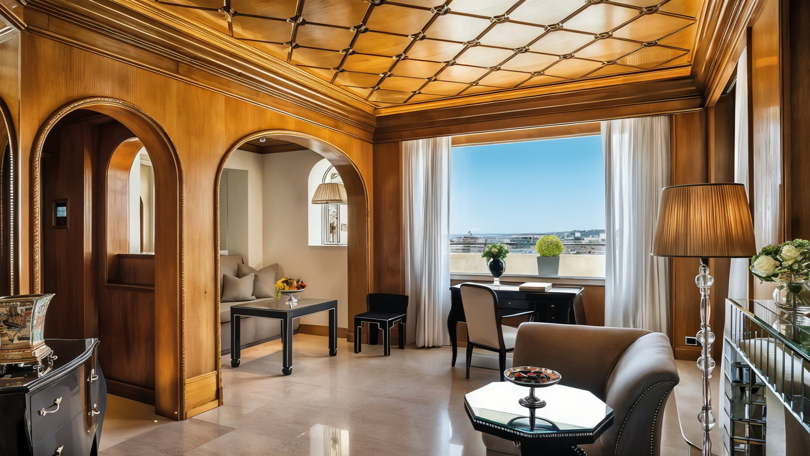 Luxurious room with wood paneling, elegant furniture, and large window overlooking a cityscape. Bright, airy, and sophisticated ambiance.