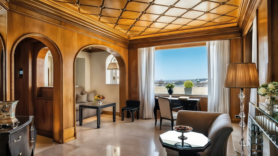 Luxurious room with wood paneling, elegant furniture, and large window overlooking a cityscape. Bright, airy, and sophisticated ambiance.