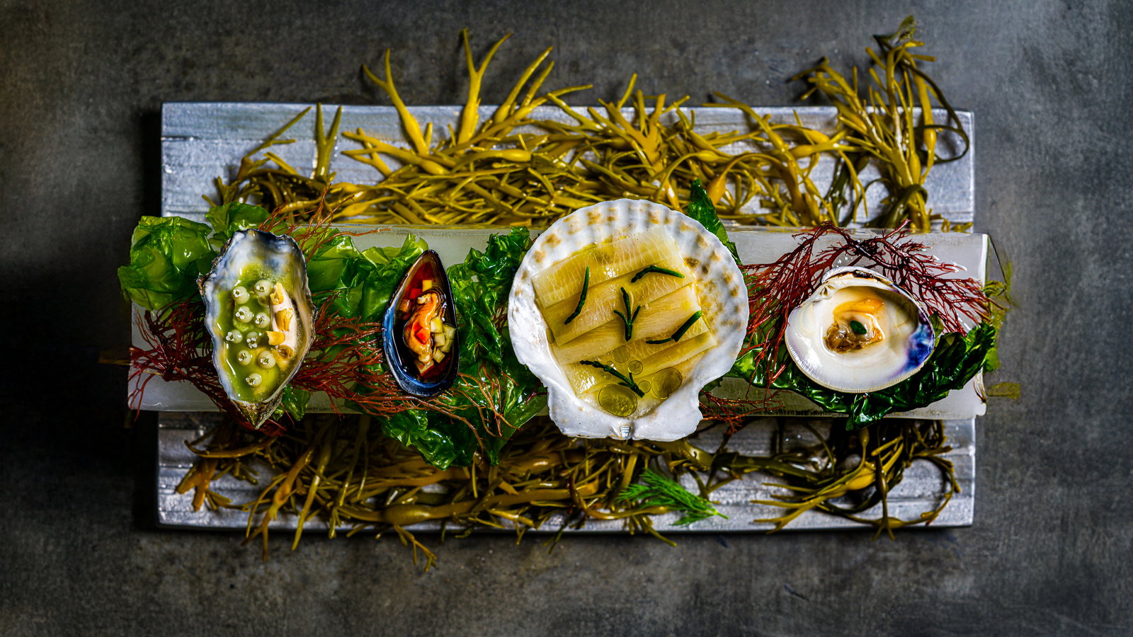 Elegant seafood platter on seaweed. Includes oysters, mussels, and scallops in shells with colorful garnishes on a rustic surface.