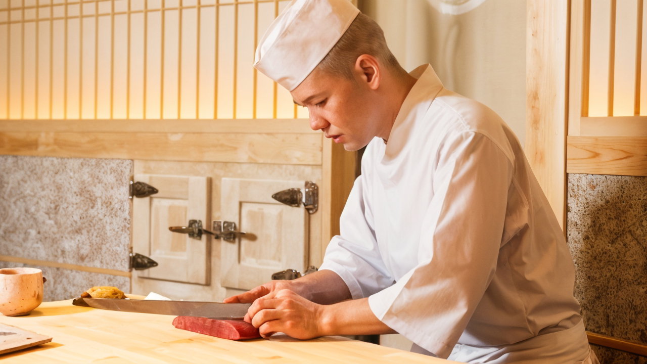 A chef in a white uniform and hat is focused, slicing raw fish on a wooden counter in a traditional kitchen with beige and wood accents.