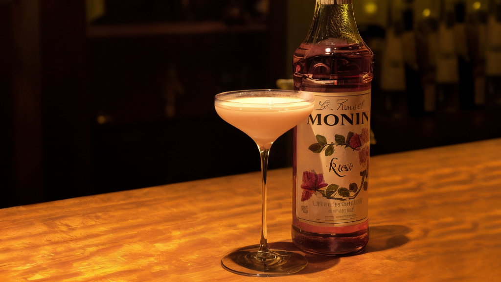 A cocktail glass and a Monin syrup bottle on a wooden bar counter. The setting is warmly lit with a cozy atmosphere.