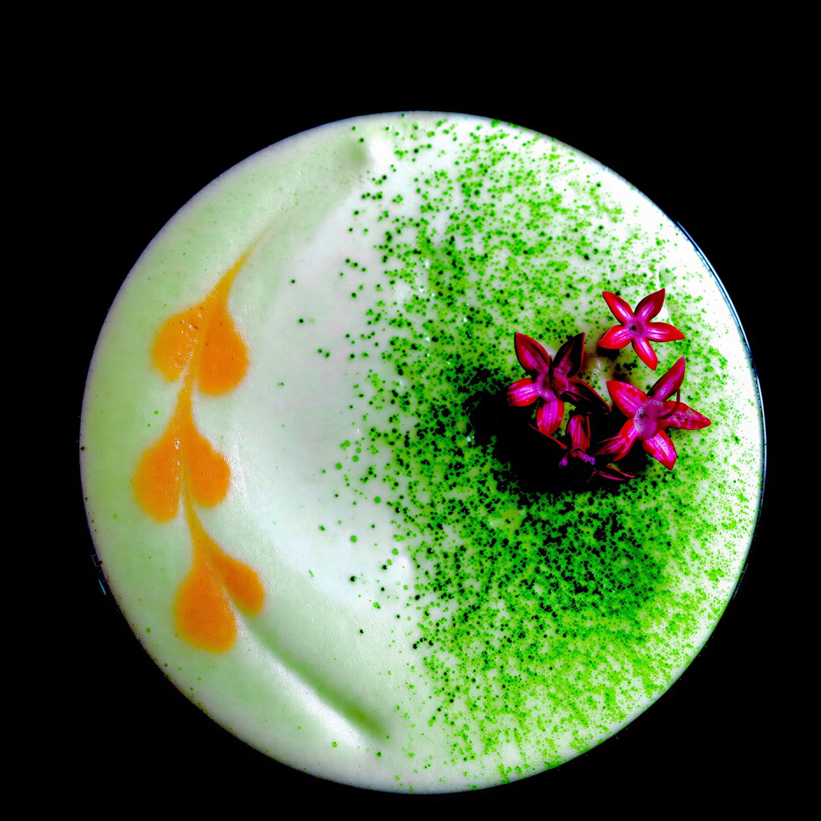 Green and white frothy drink topped with orange pattern and red flowers in center, set against a black background.